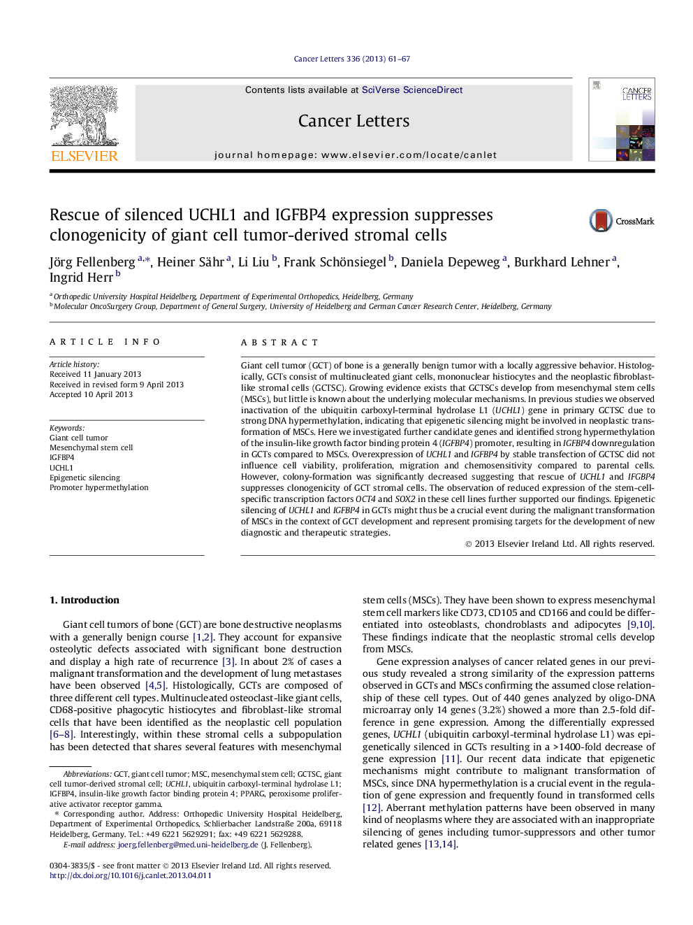 Rescue of silenced UCHL1 and IGFBP4 expression suppresses clonogenicity of giant cell tumor-derived stromal cells