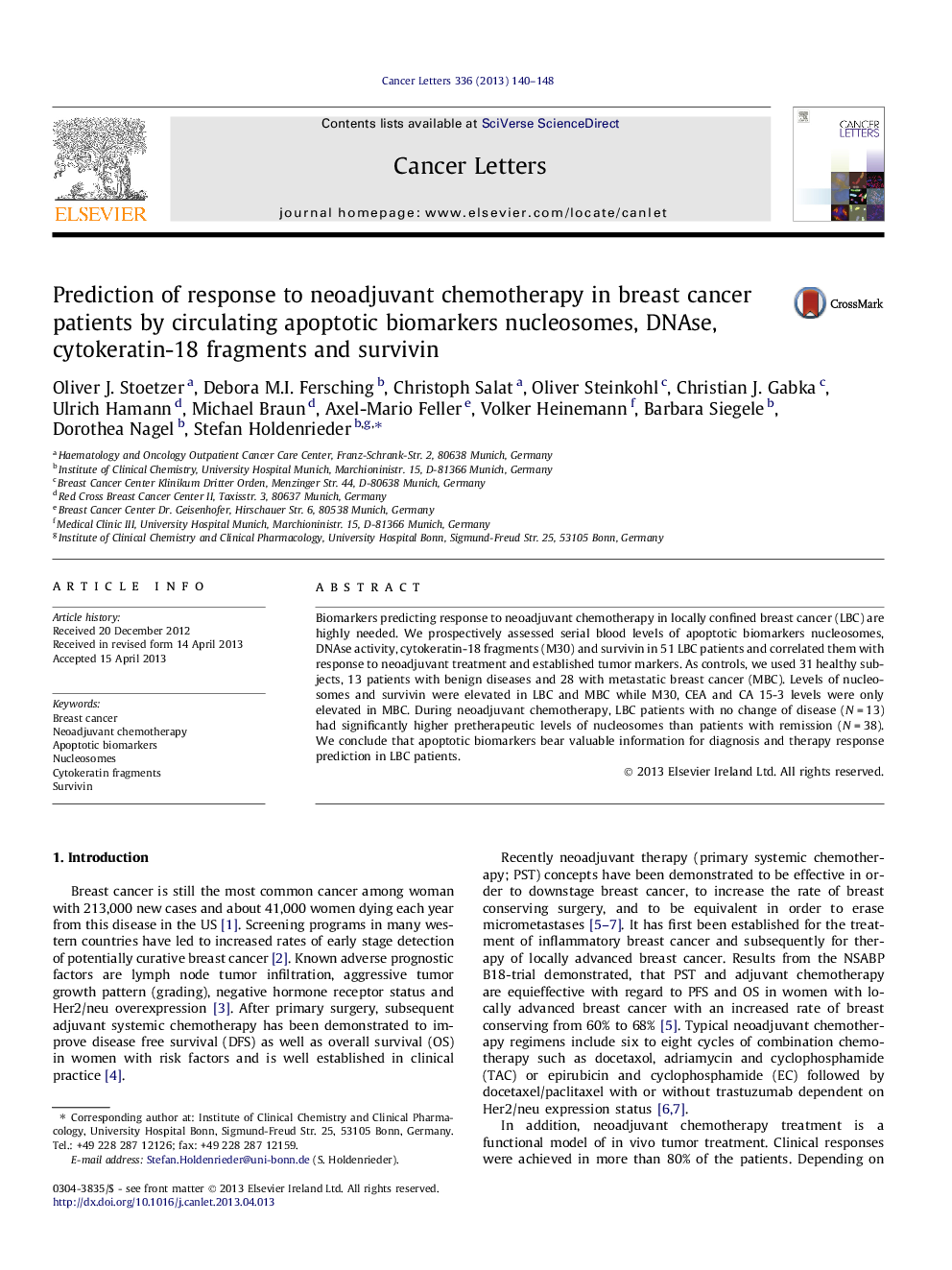 Prediction of response to neoadjuvant chemotherapy in breast cancer patients by circulating apoptotic biomarkers nucleosomes, DNAse, cytokeratin-18 fragments and survivin