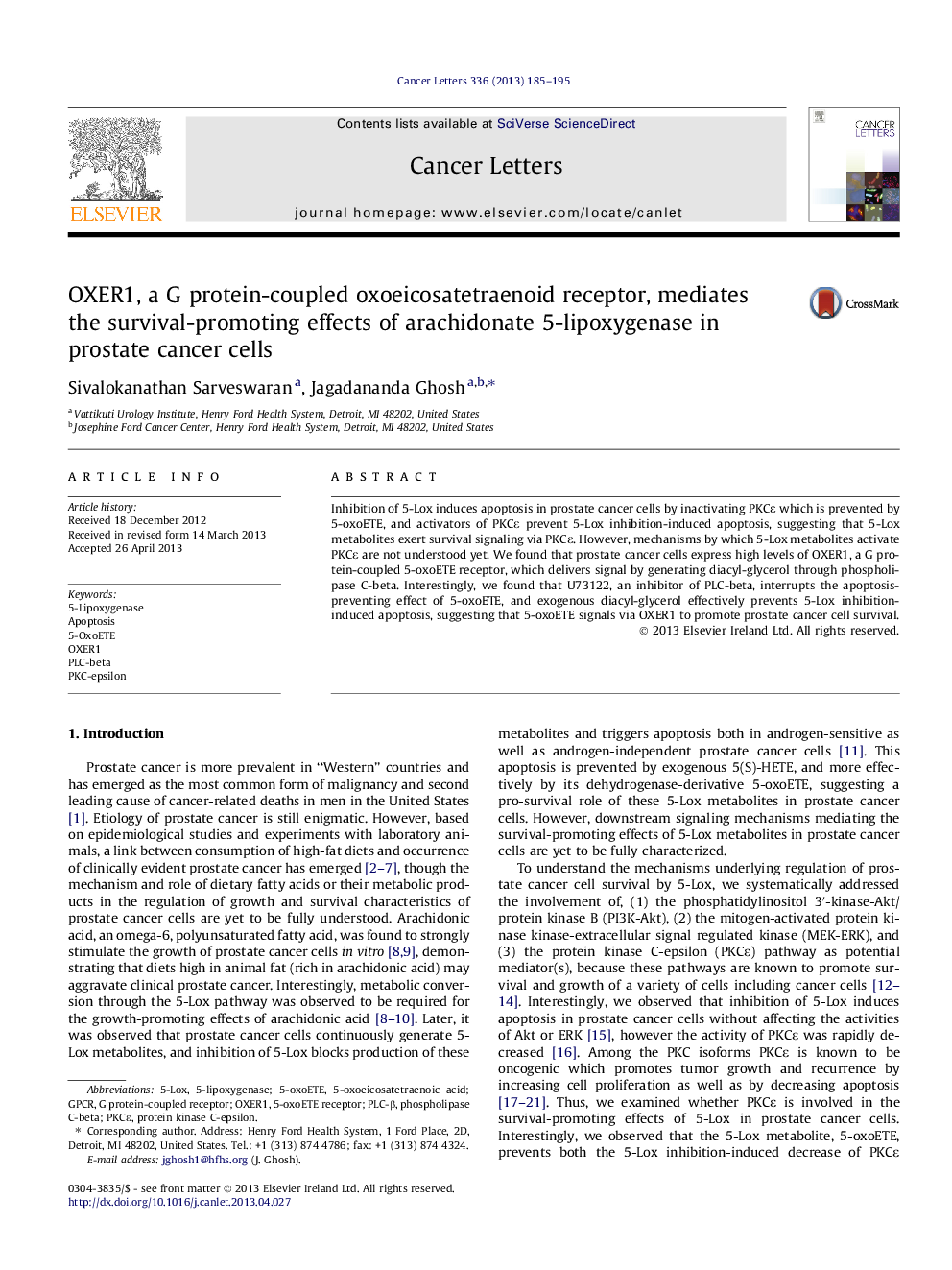 OXER1, a G protein-coupled oxoeicosatetraenoid receptor, mediates the survival-promoting effects of arachidonate 5-lipoxygenase in prostate cancer cells