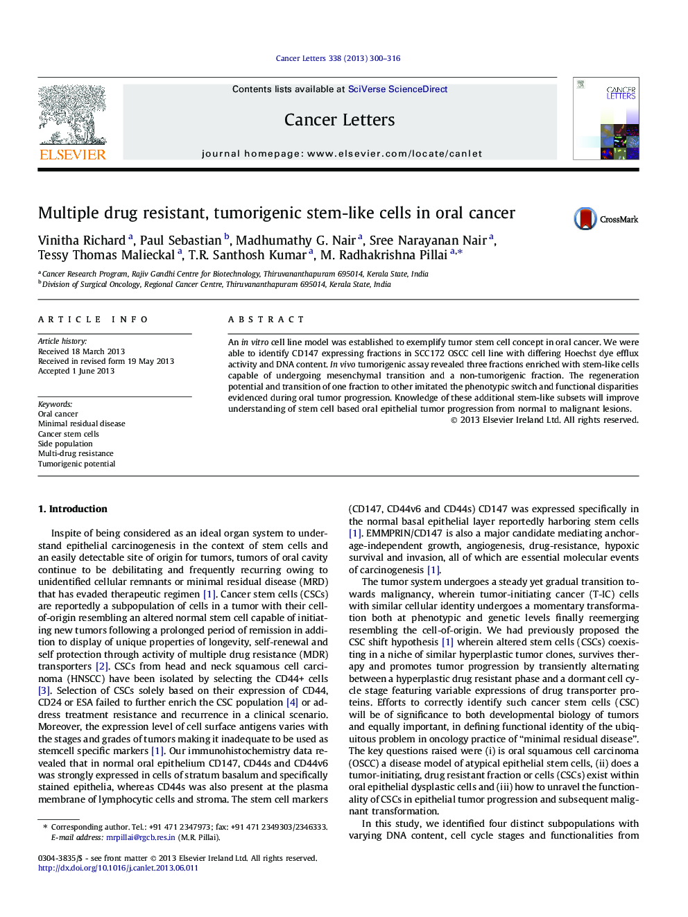 Multiple drug resistant, tumorigenic stem-like cells in oral cancer