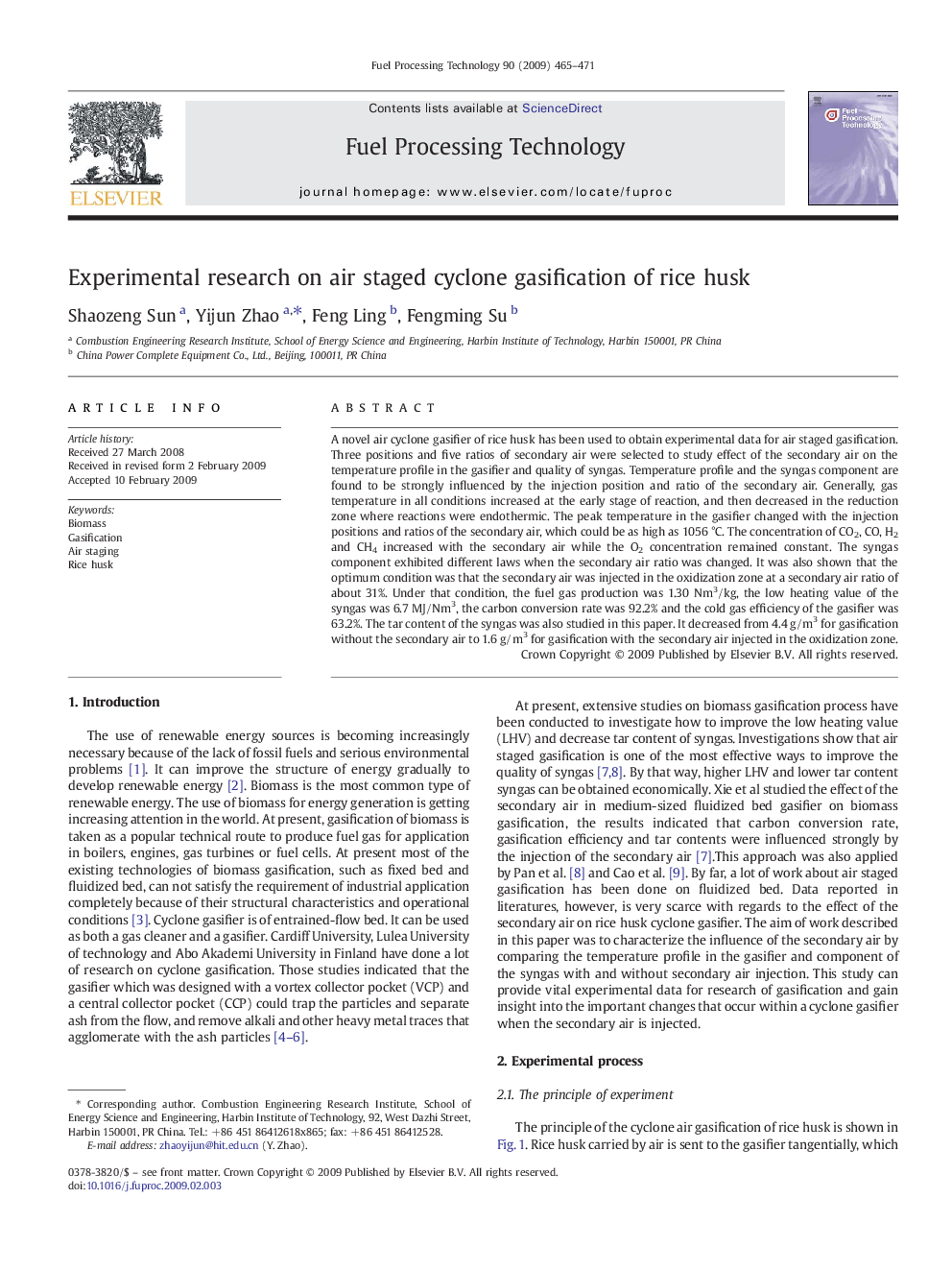 Experimental research on air staged cyclone gasification of rice husk