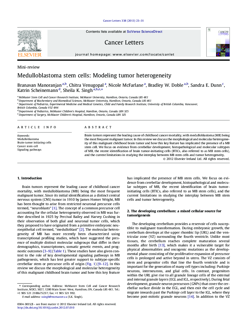 Medulloblastoma stem cells: Modeling tumor heterogeneity