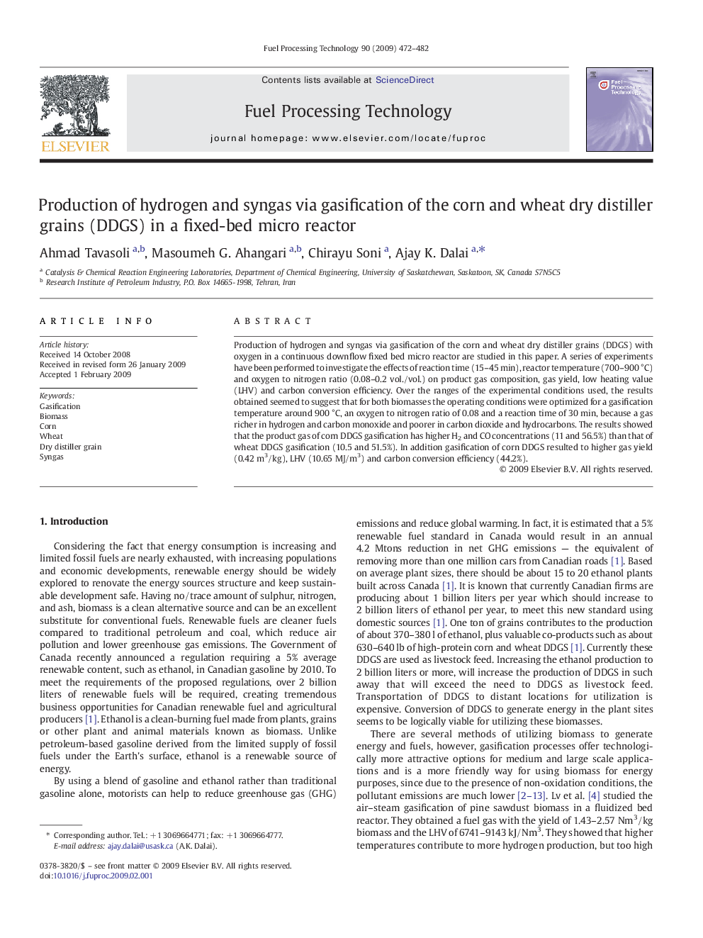 Production of hydrogen and syngas via gasification of the corn and wheat dry distiller grains (DDGS) in a fixed-bed micro reactor