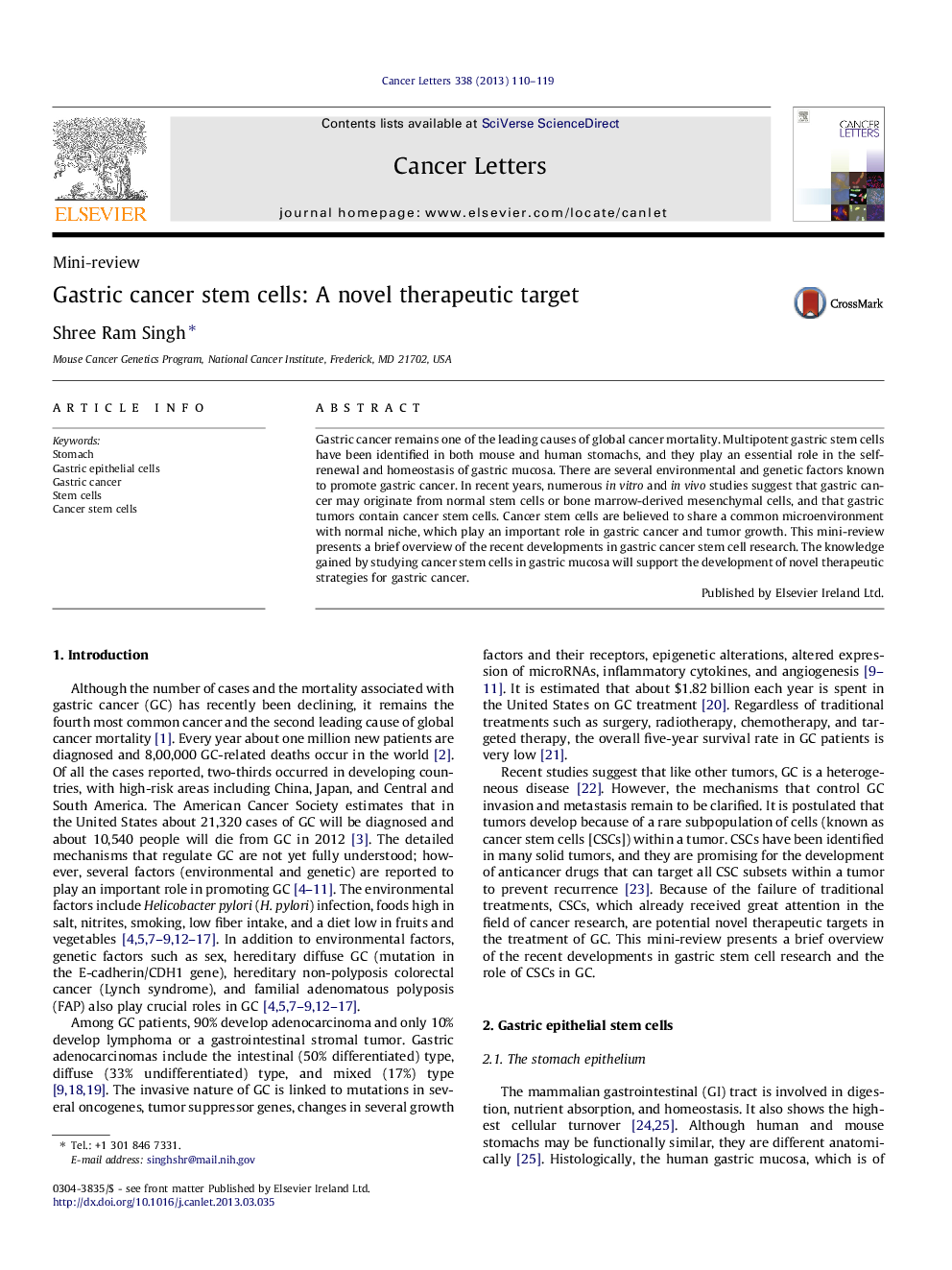 Gastric cancer stem cells: A novel therapeutic target