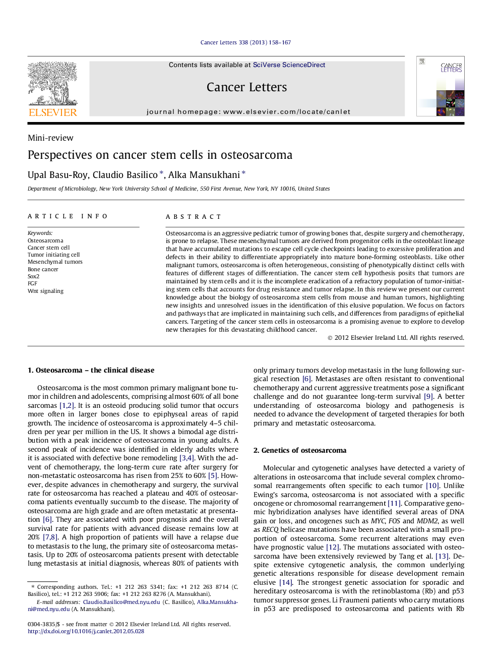 Perspectives on cancer stem cells in osteosarcoma