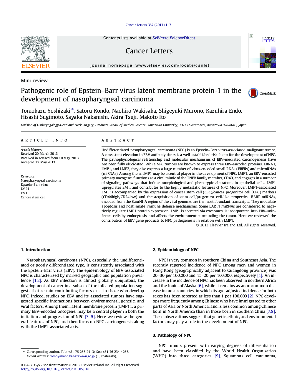 Pathogenic role of Epstein–Barr virus latent membrane protein-1 in the development of nasopharyngeal carcinoma