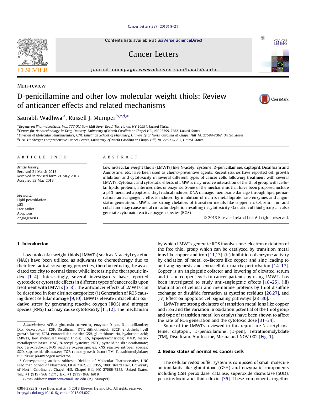 D-penicillamine and other low molecular weight thiols: Review of anticancer effects and related mechanisms