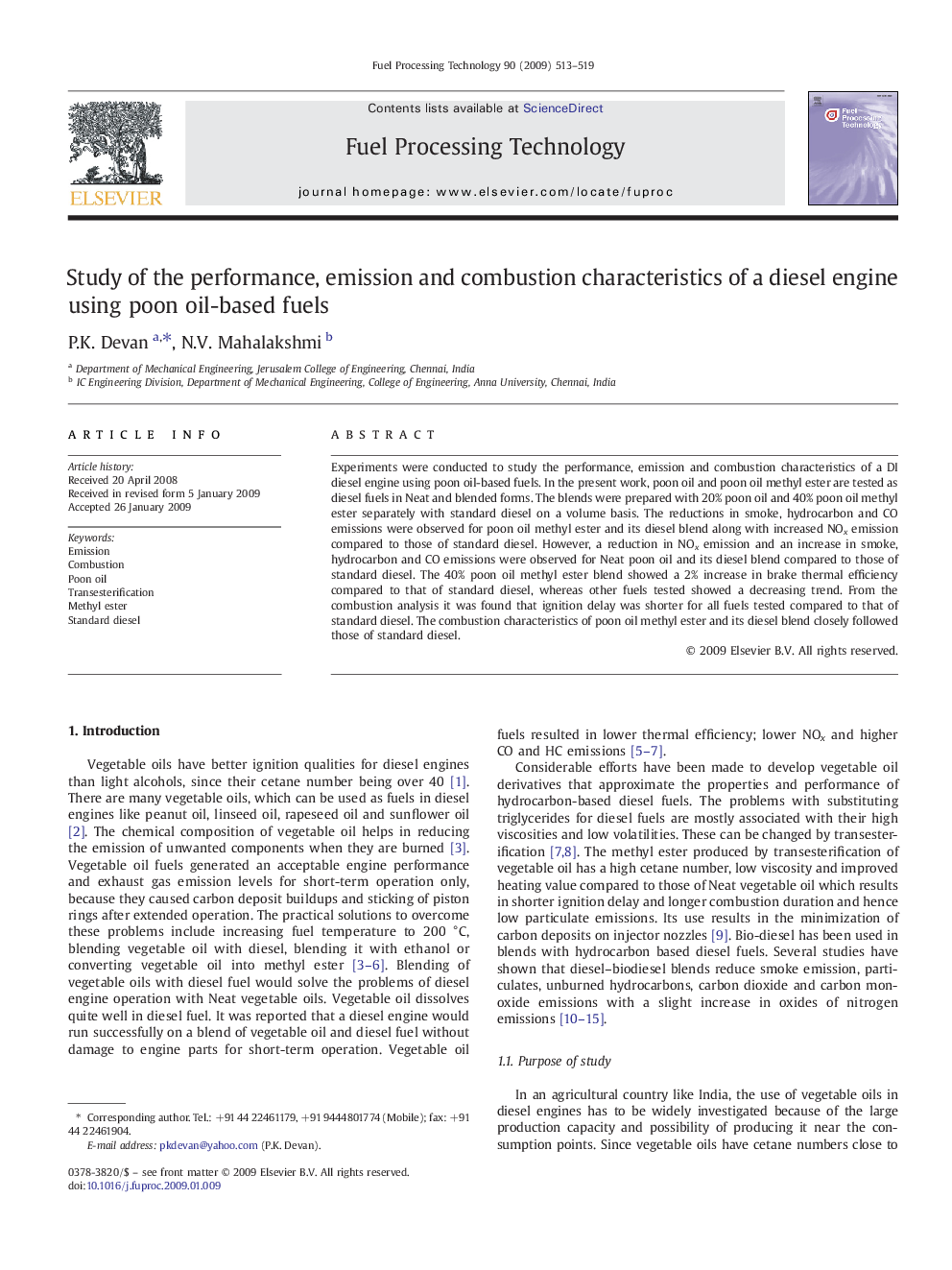 Study of the performance, emission and combustion characteristics of a diesel engine using poon oil-based fuels