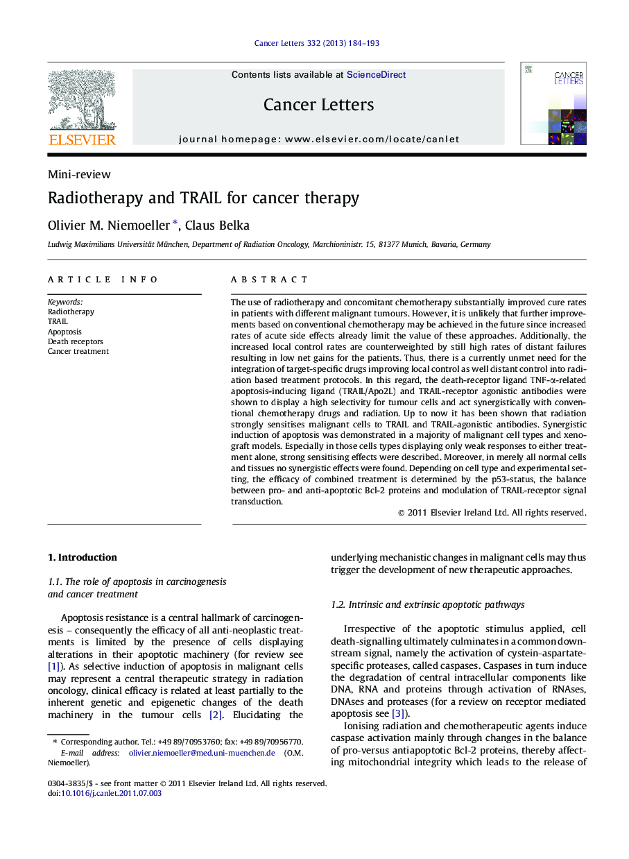 Radiotherapy and TRAIL for cancer therapy