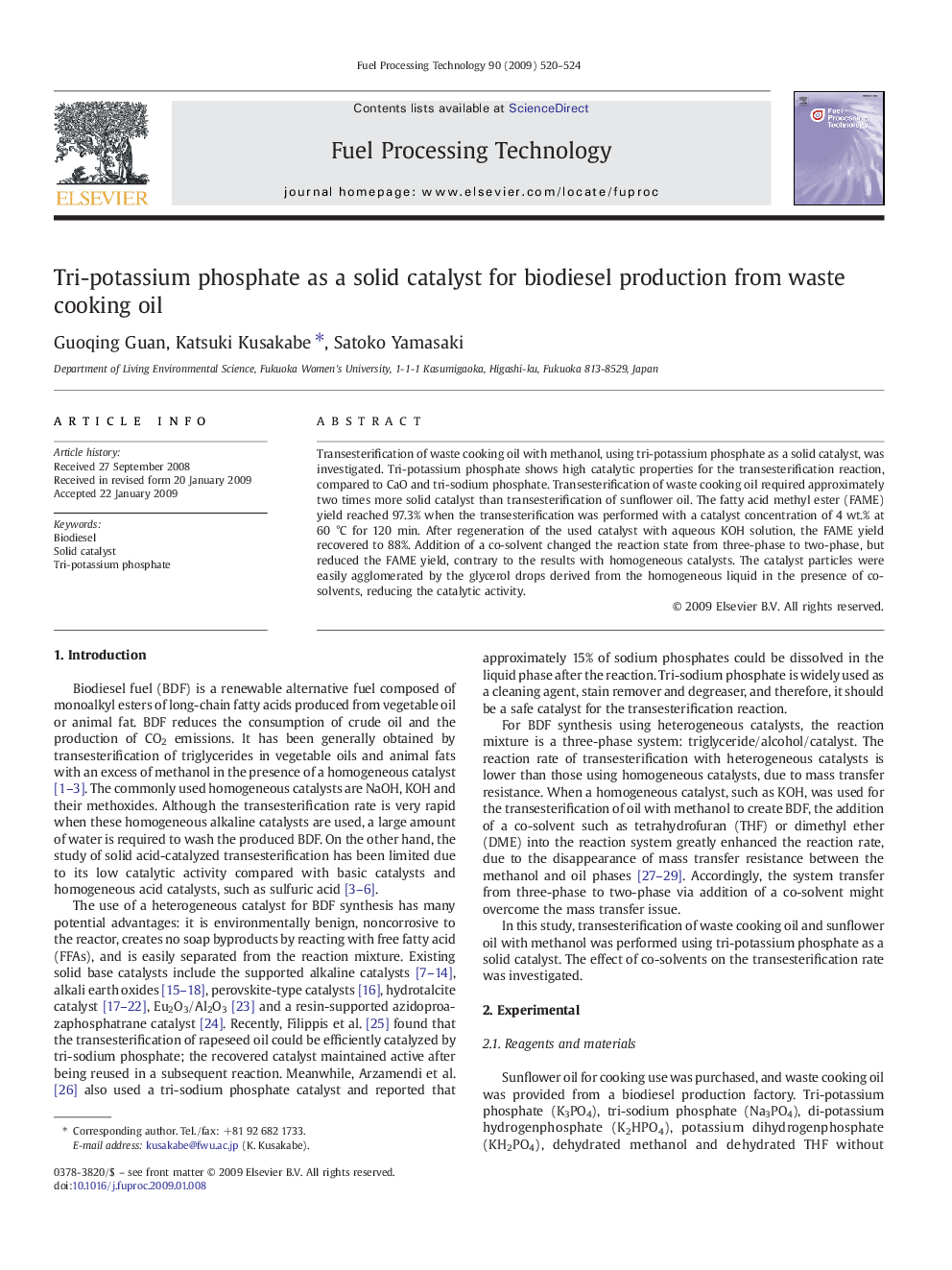 Tri-potassium phosphate as a solid catalyst for biodiesel production from waste cooking oil