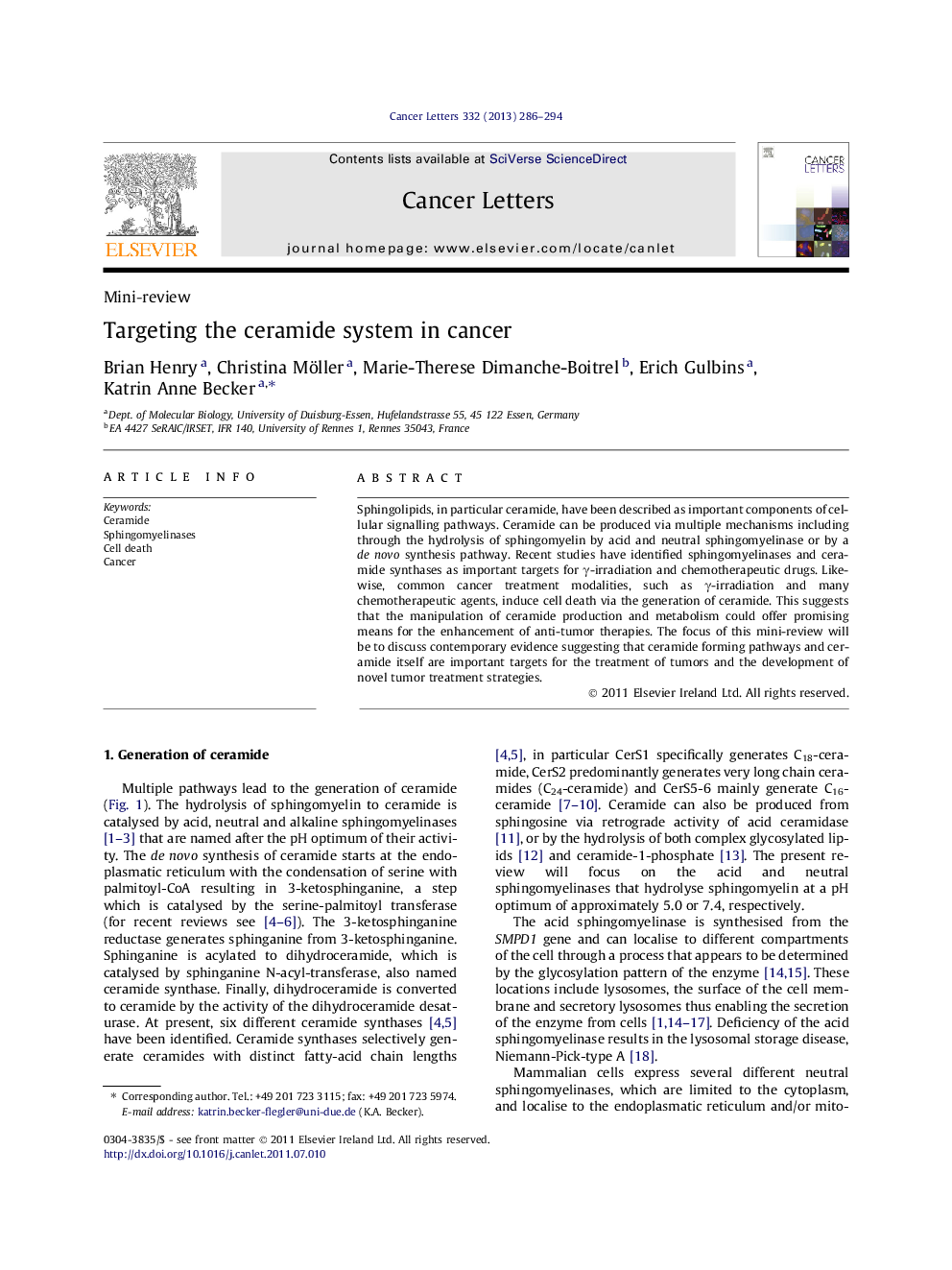 Targeting the ceramide system in cancer