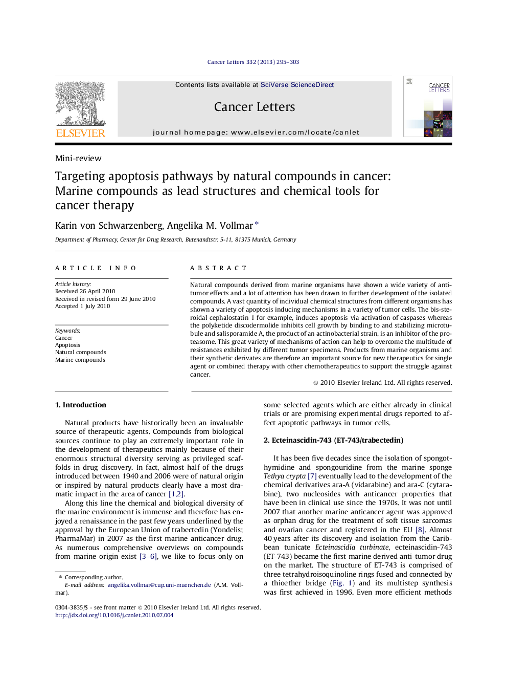 Targeting apoptosis pathways by natural compounds in cancer: Marine compounds as lead structures and chemical tools for cancer therapy