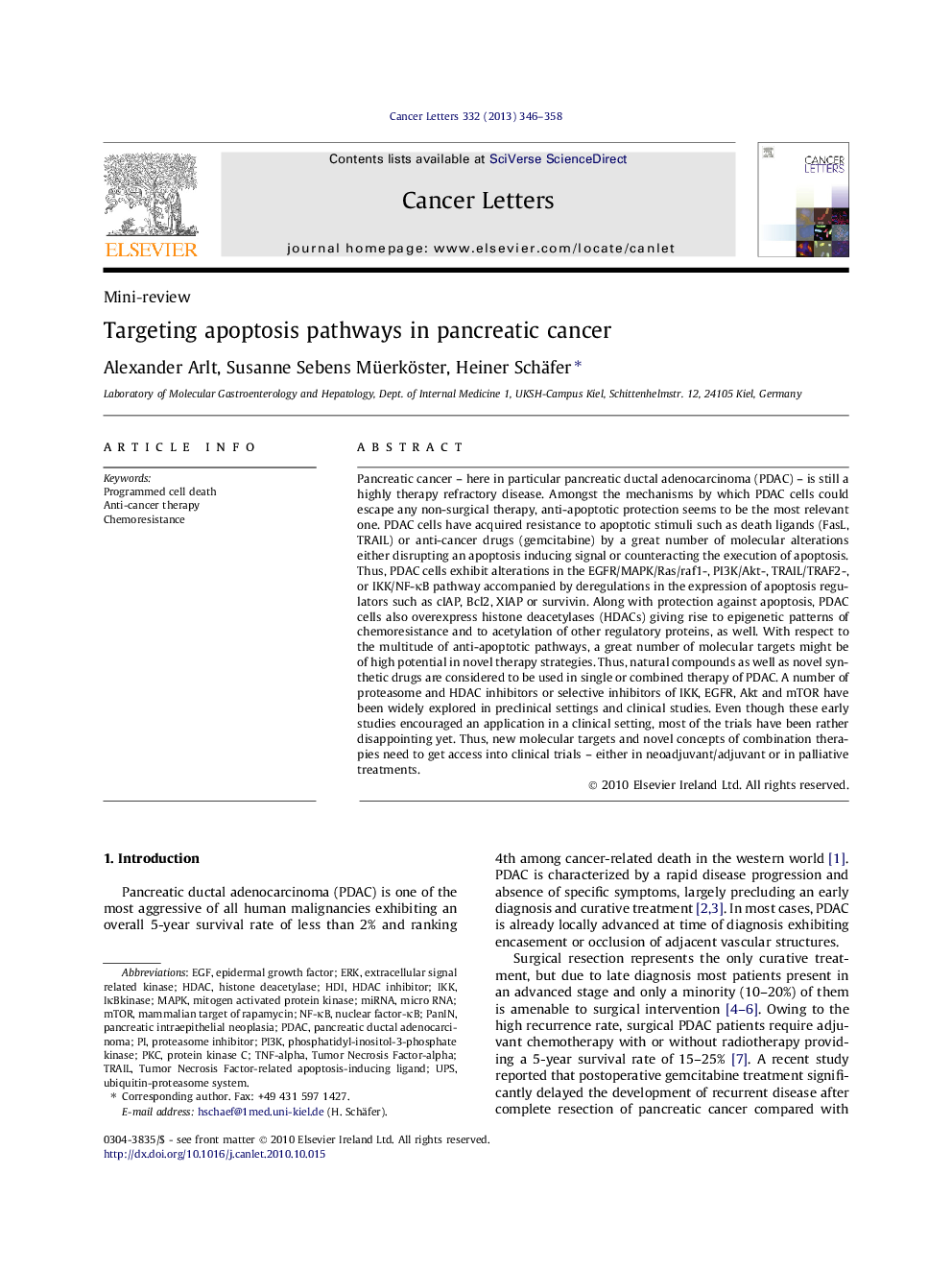 Targeting apoptosis pathways in pancreatic cancer