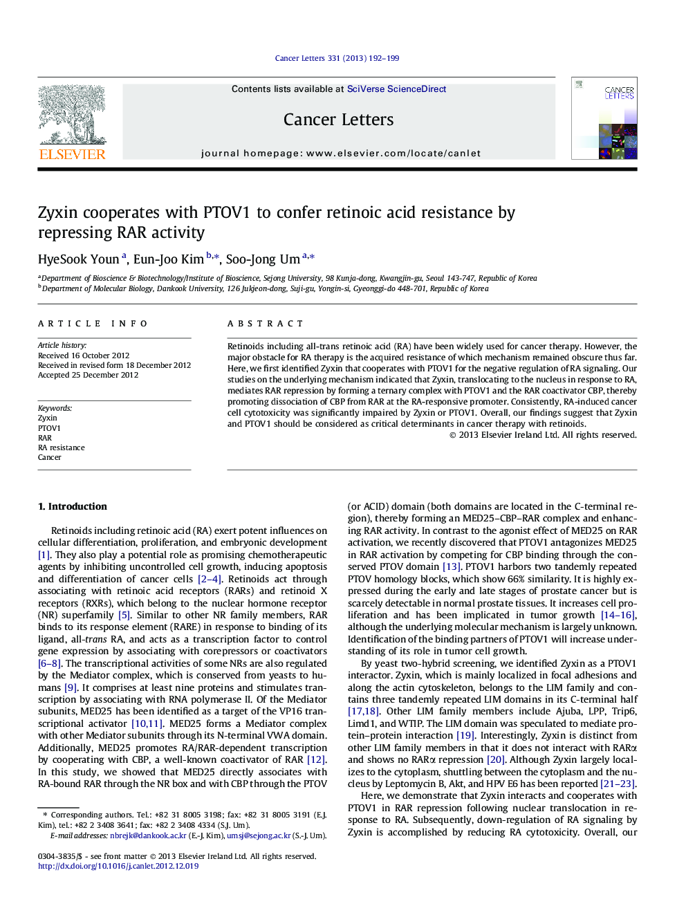 Zyxin cooperates with PTOV1 to confer retinoic acid resistance by repressing RAR activity