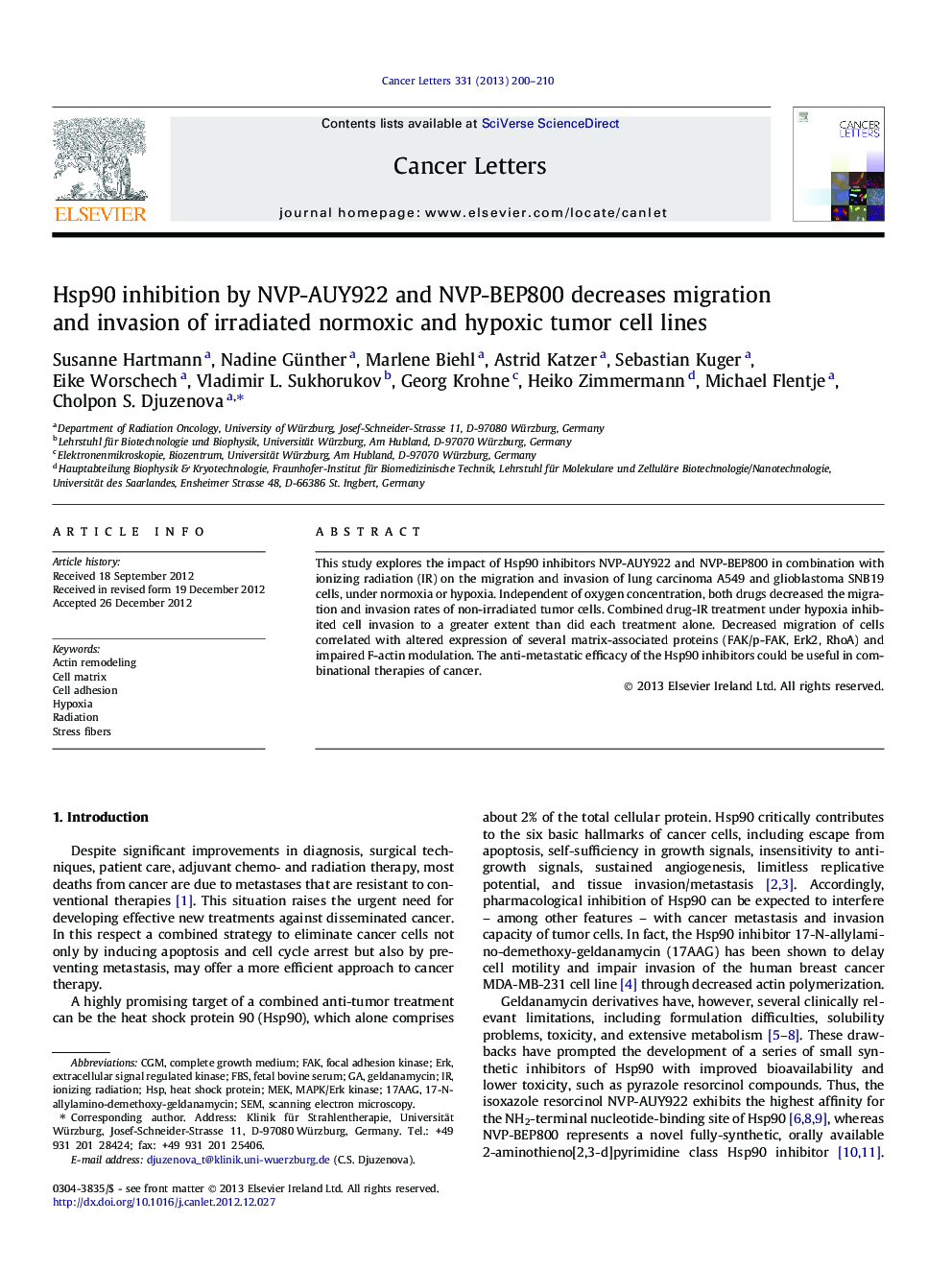 Hsp90 inhibition by NVP-AUY922 and NVP-BEP800 decreases migration and invasion of irradiated normoxic and hypoxic tumor cell lines