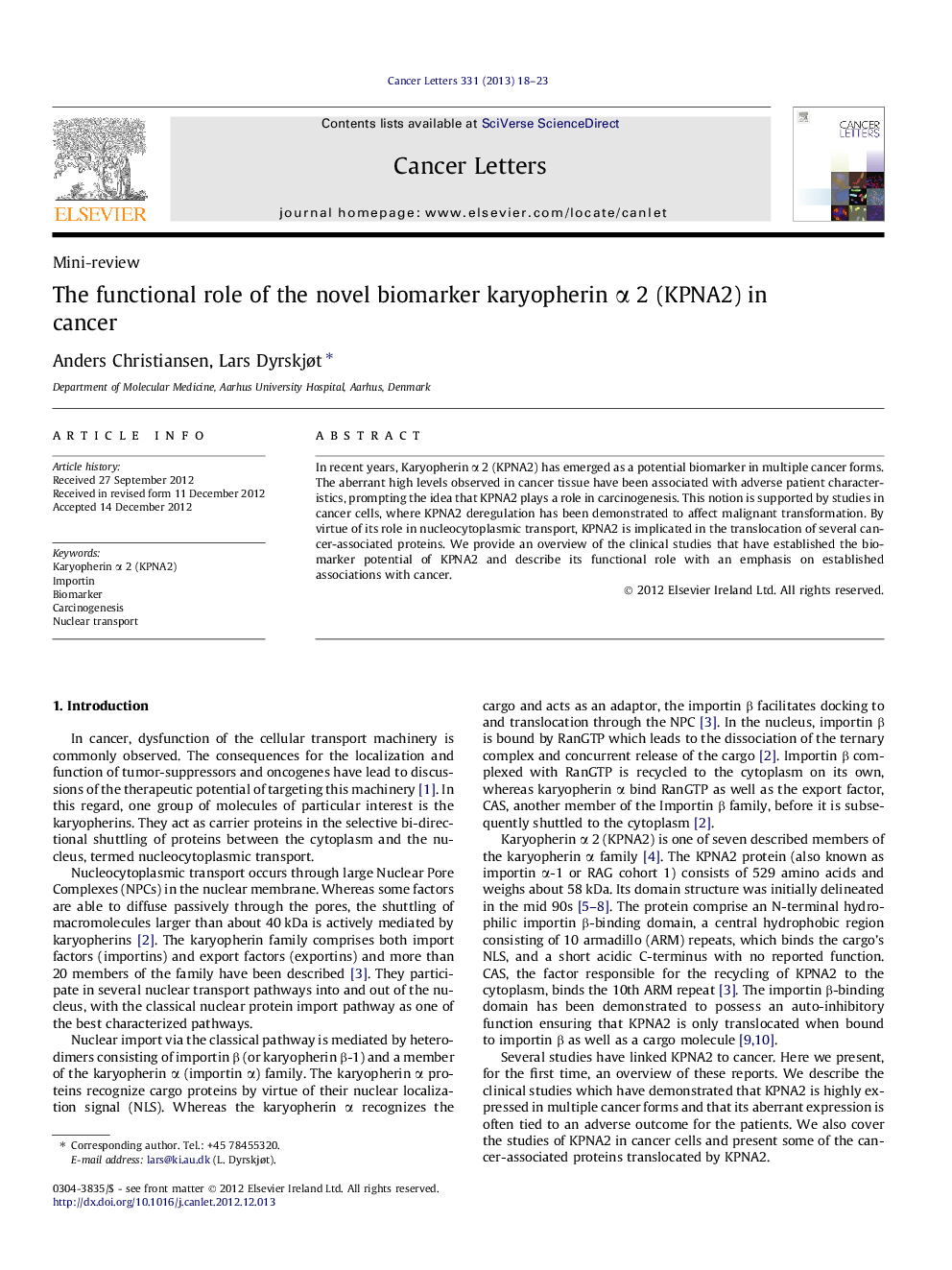 The functional role of the novel biomarker karyopherin α 2 (KPNA2) in cancer