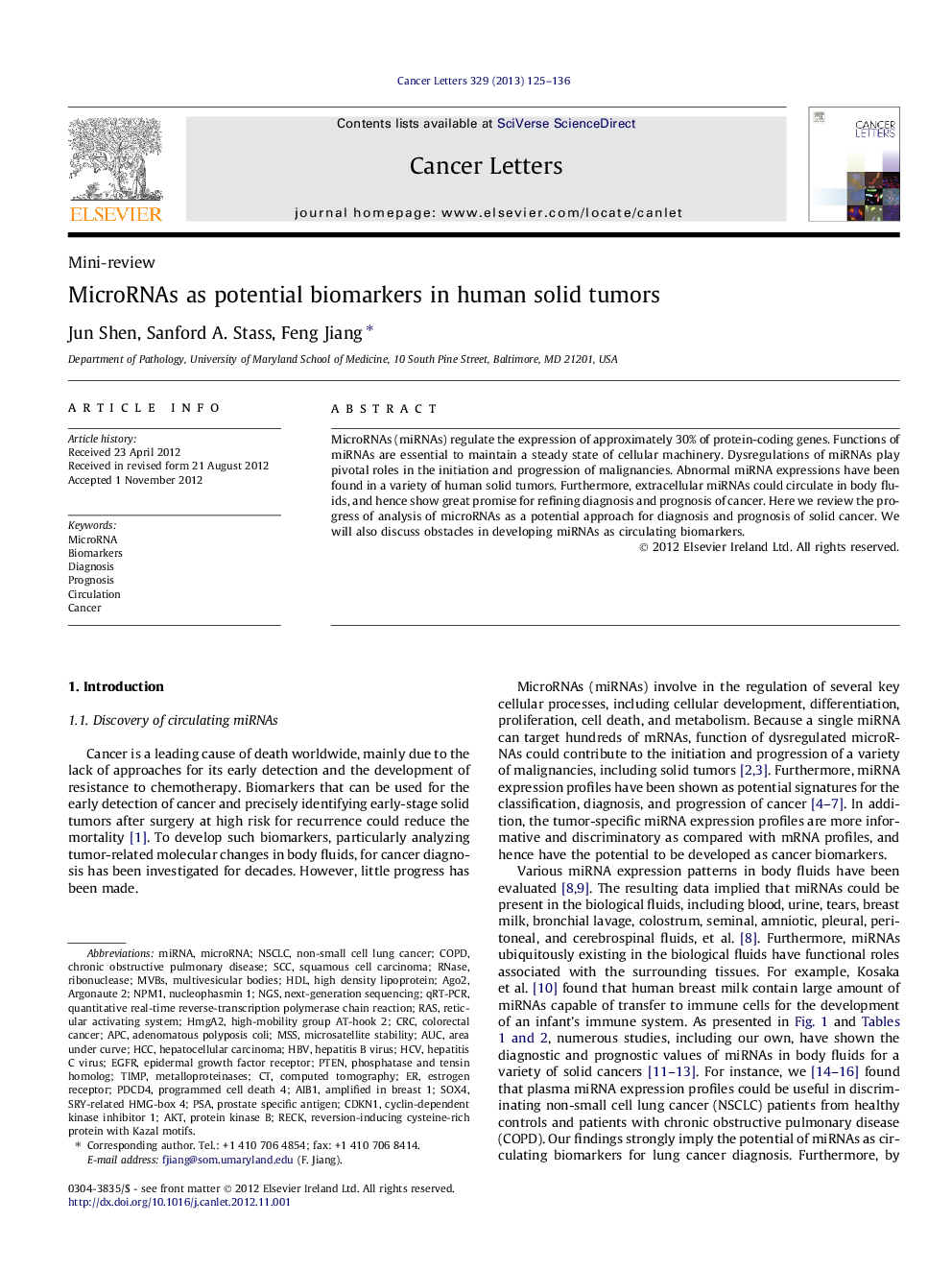 MicroRNAs as potential biomarkers in human solid tumors