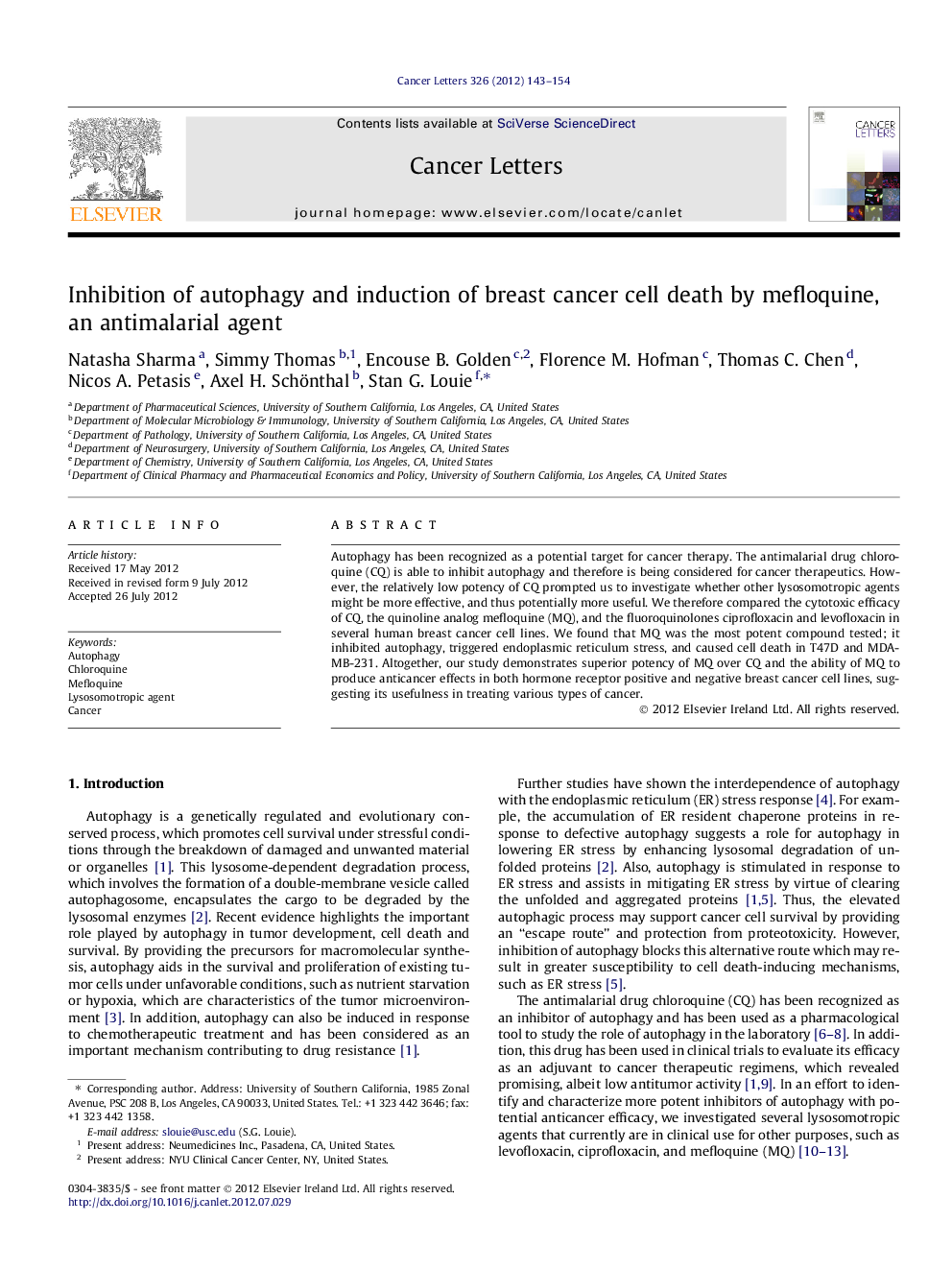 Inhibition of autophagy and induction of breast cancer cell death by mefloquine, an antimalarial agent