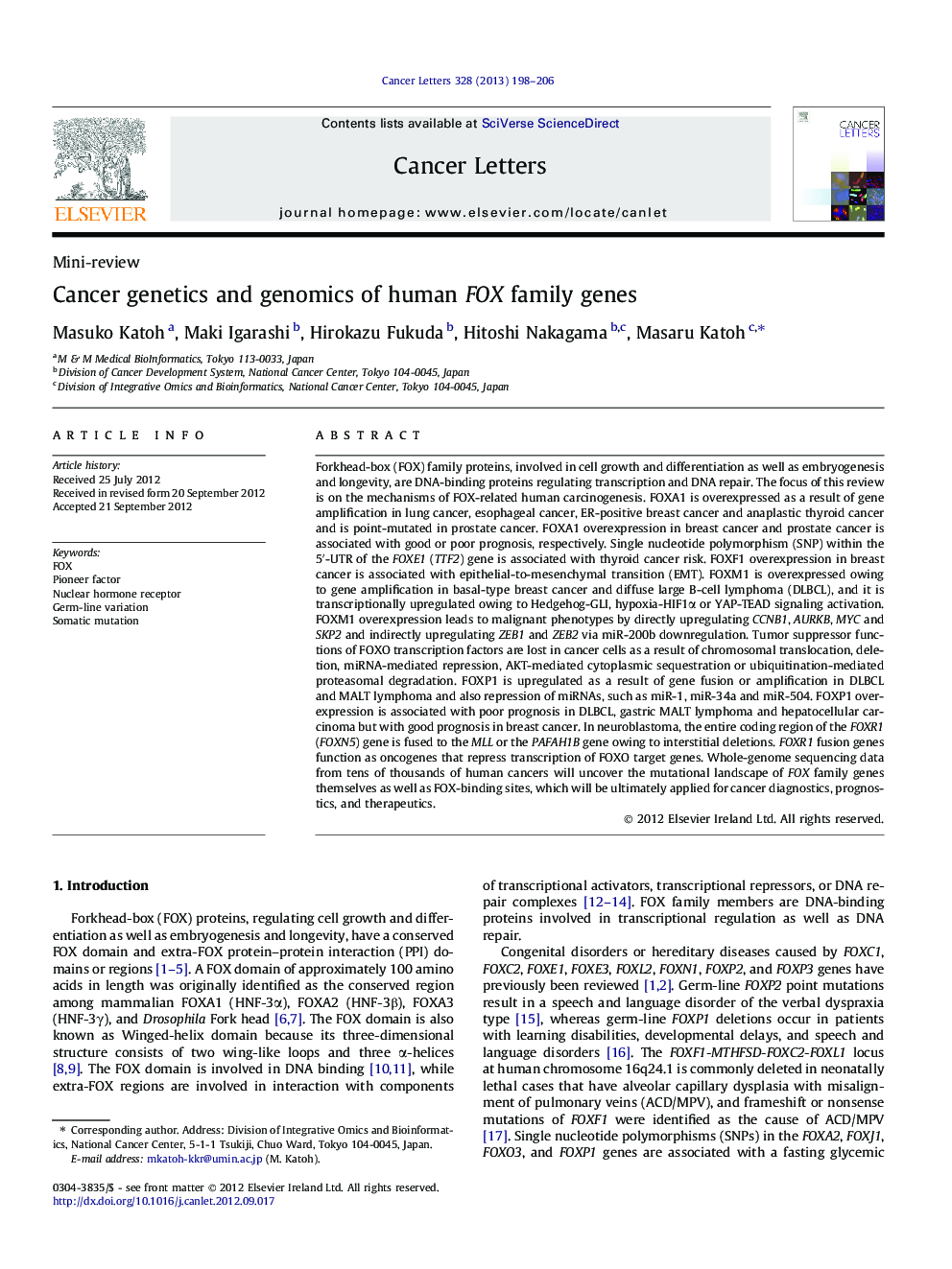 Cancer genetics and genomics of human FOX family genes