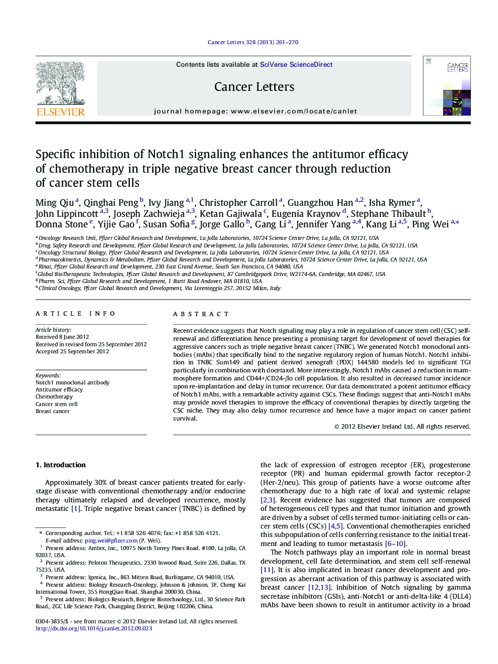 Specific inhibition of Notch1 signaling enhances the antitumor efficacy of chemotherapy in triple negative breast cancer through reduction of cancer stem cells