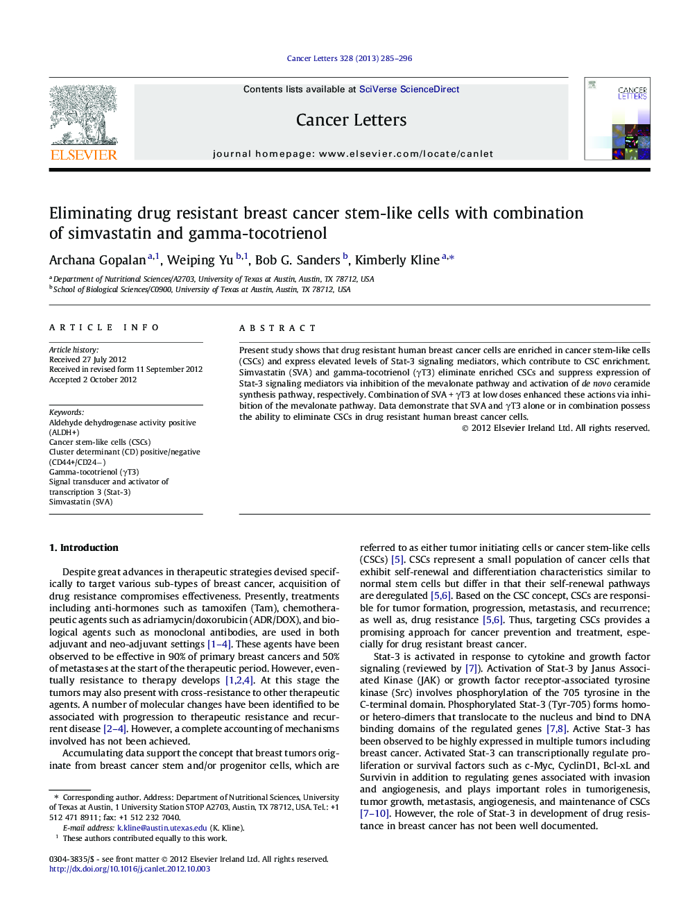 Eliminating drug resistant breast cancer stem-like cells with combination of simvastatin and gamma-tocotrienol
