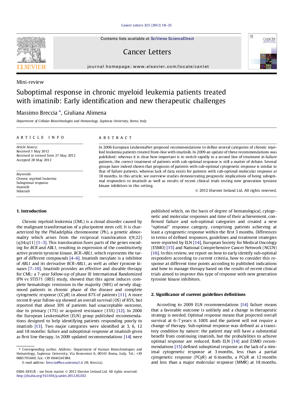 Suboptimal response in chronic myeloid leukemia patients treated with imatinib: Early identification and new therapeutic challenges