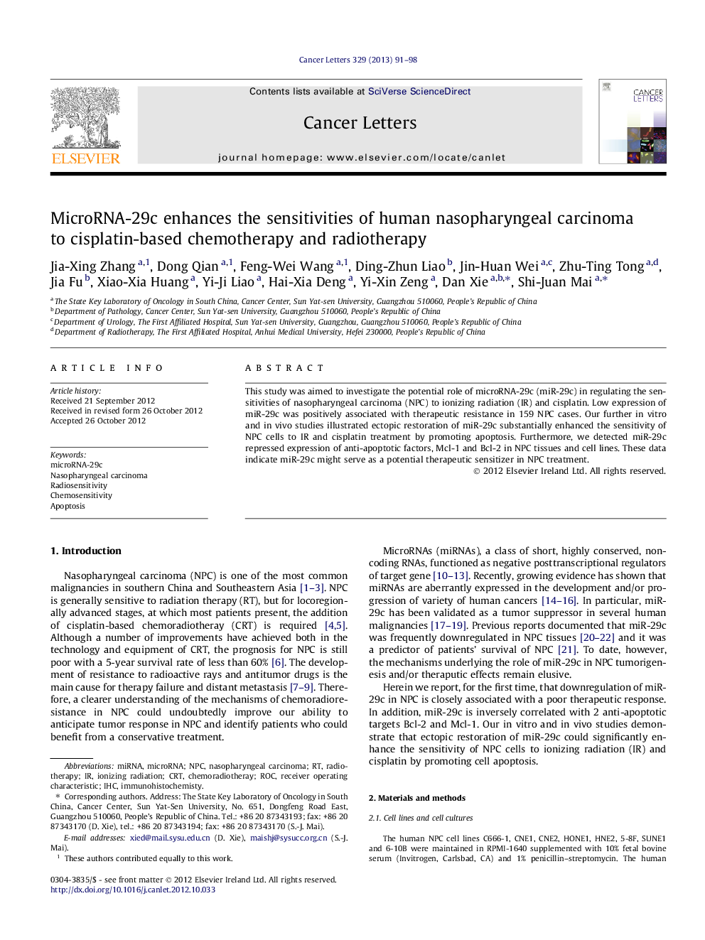 MicroRNA-29c enhances the sensitivities of human nasopharyngeal carcinoma to cisplatin-based chemotherapy and radiotherapy