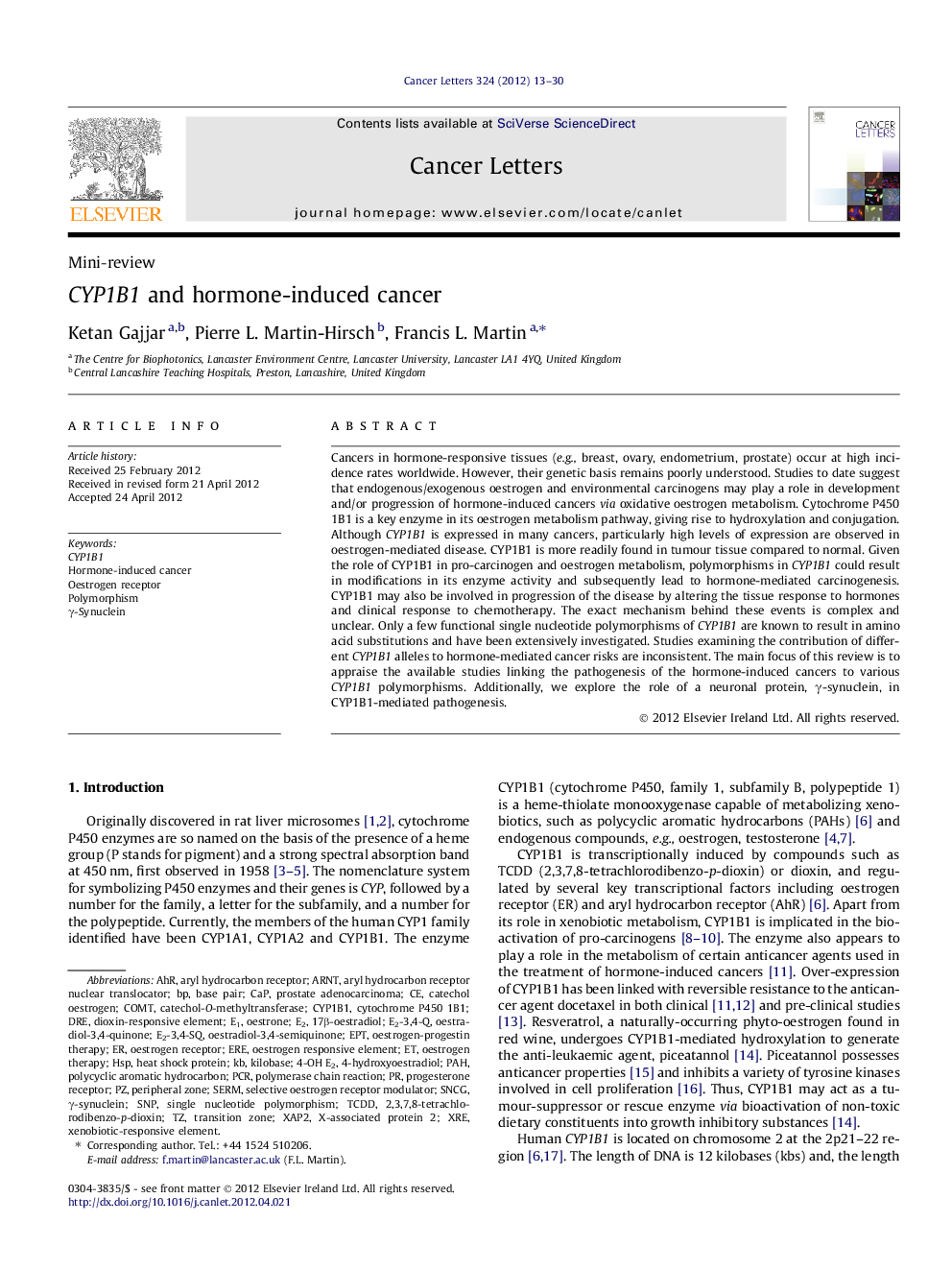 CYP1B1 and hormone-induced cancer