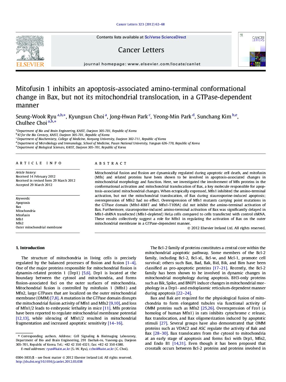 Mitofusin 1 inhibits an apoptosis-associated amino-terminal conformational change in Bax, but not its mitochondrial translocation, in a GTPase-dependent manner