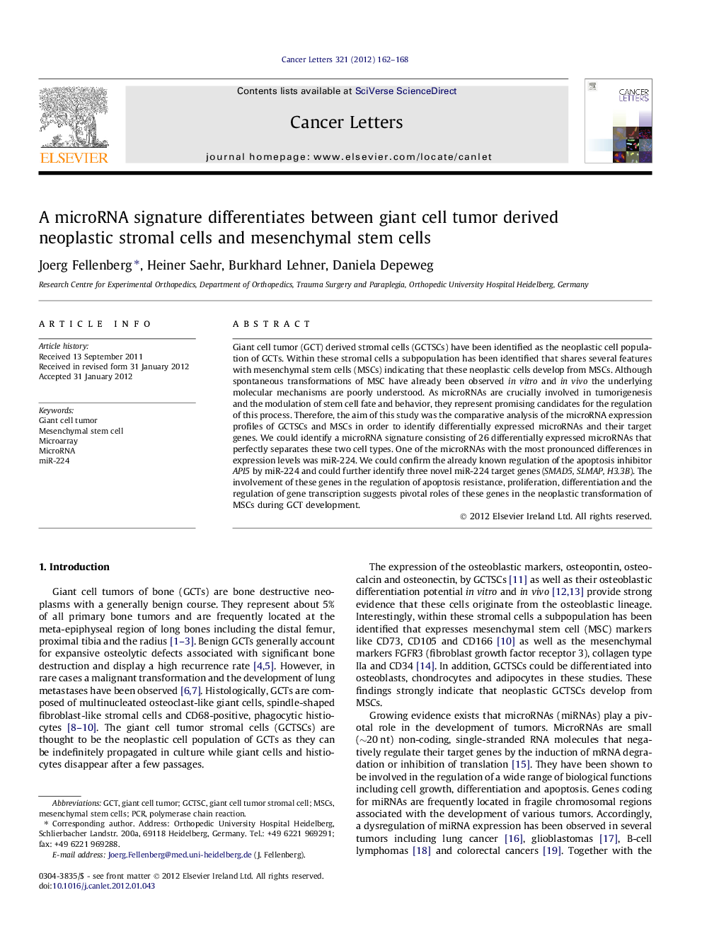 A microRNA signature differentiates between giant cell tumor derived neoplastic stromal cells and mesenchymal stem cells