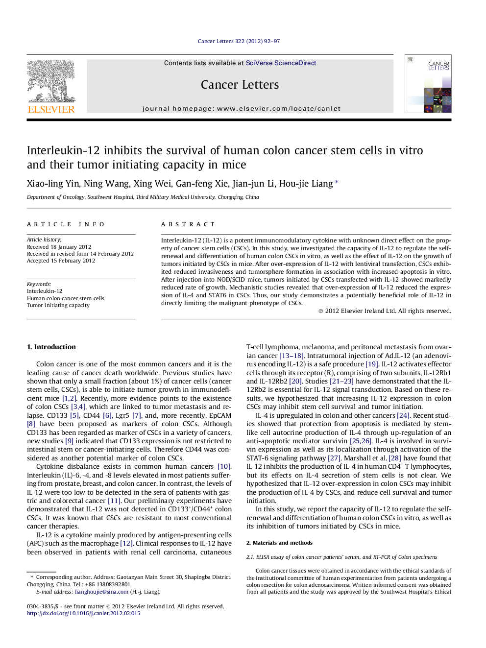 Interleukin-12 inhibits the survival of human colon cancer stem cells in vitro and their tumor initiating capacity in mice