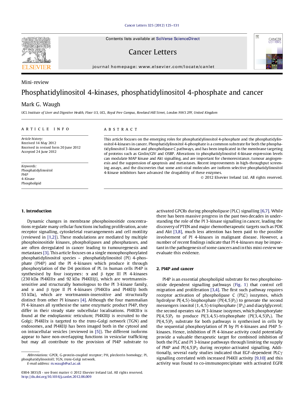 Phosphatidylinositol 4-kinases, phosphatidylinositol 4-phosphate and cancer