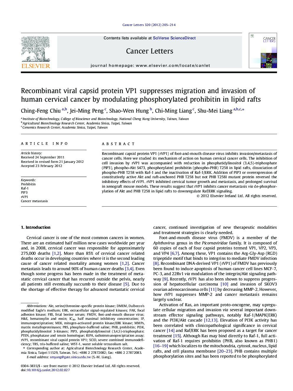 Recombinant viral capsid protein VP1 suppresses migration and invasion of human cervical cancer by modulating phosphorylated prohibitin in lipid rafts