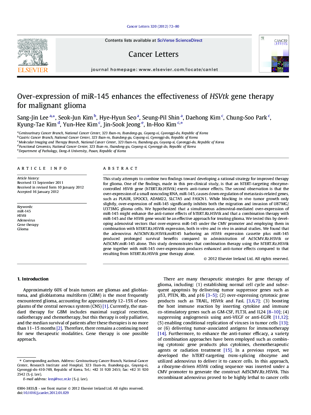 Over-expression of miR-145 enhances the effectiveness of HSVtk gene therapy for malignant glioma