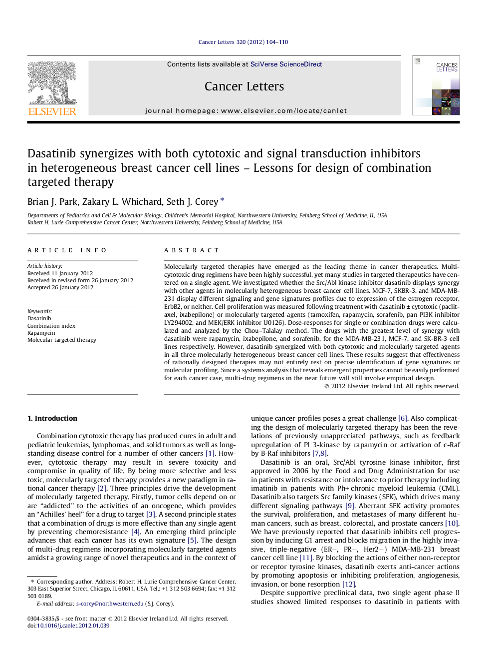 Dasatinib synergizes with both cytotoxic and signal transduction inhibitors in heterogeneous breast cancer cell lines – Lessons for design of combination targeted therapy