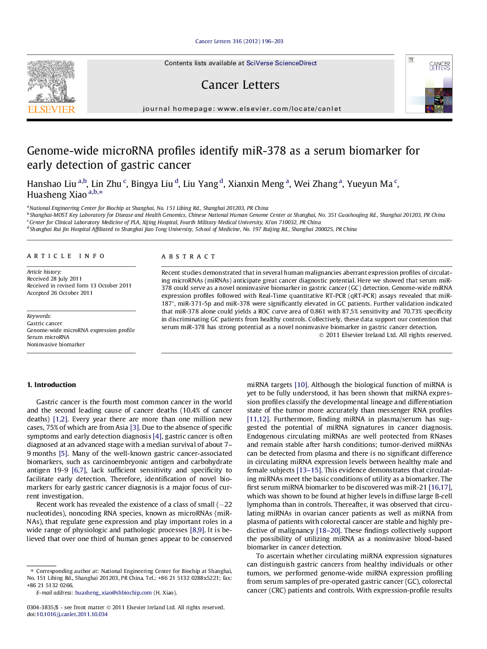 Genome-wide microRNA profiles identify miR-378 as a serum biomarker for early detection of gastric cancer