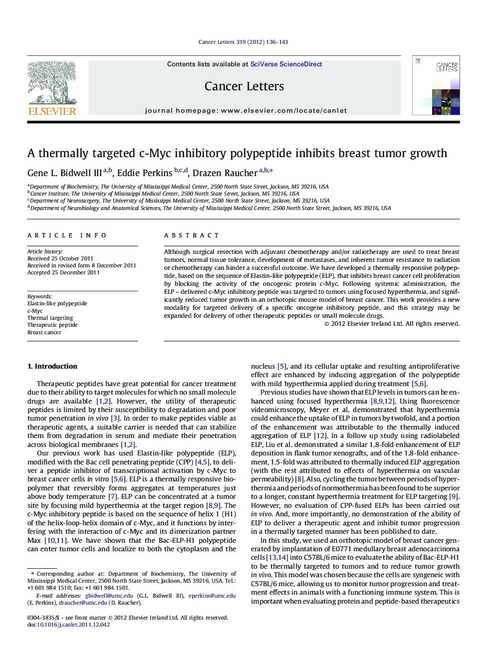 A thermally targeted c-Myc inhibitory polypeptide inhibits breast tumor growth