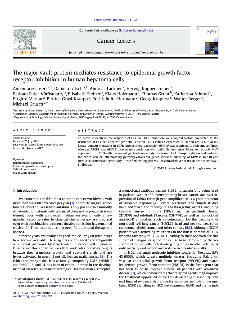 The major vault protein mediates resistance to epidermal growth factor receptor inhibition in human hepatoma cells