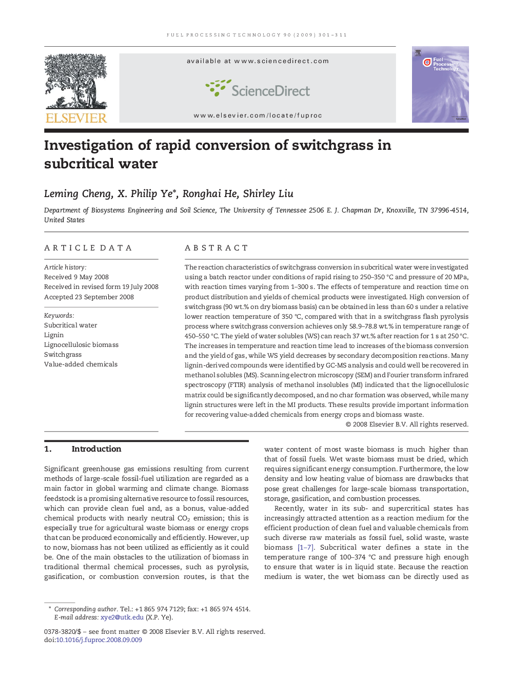 Investigation of rapid conversion of switchgrass in subcritical water