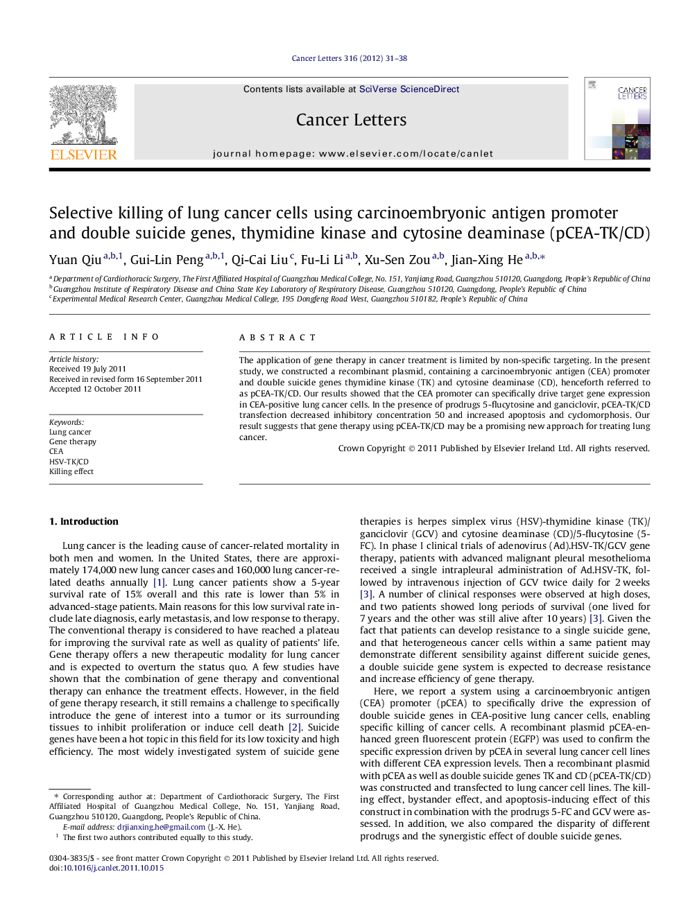 Selective killing of lung cancer cells using carcinoembryonic antigen promoter and double suicide genes, thymidine kinase and cytosine deaminase (pCEA-TK/CD)