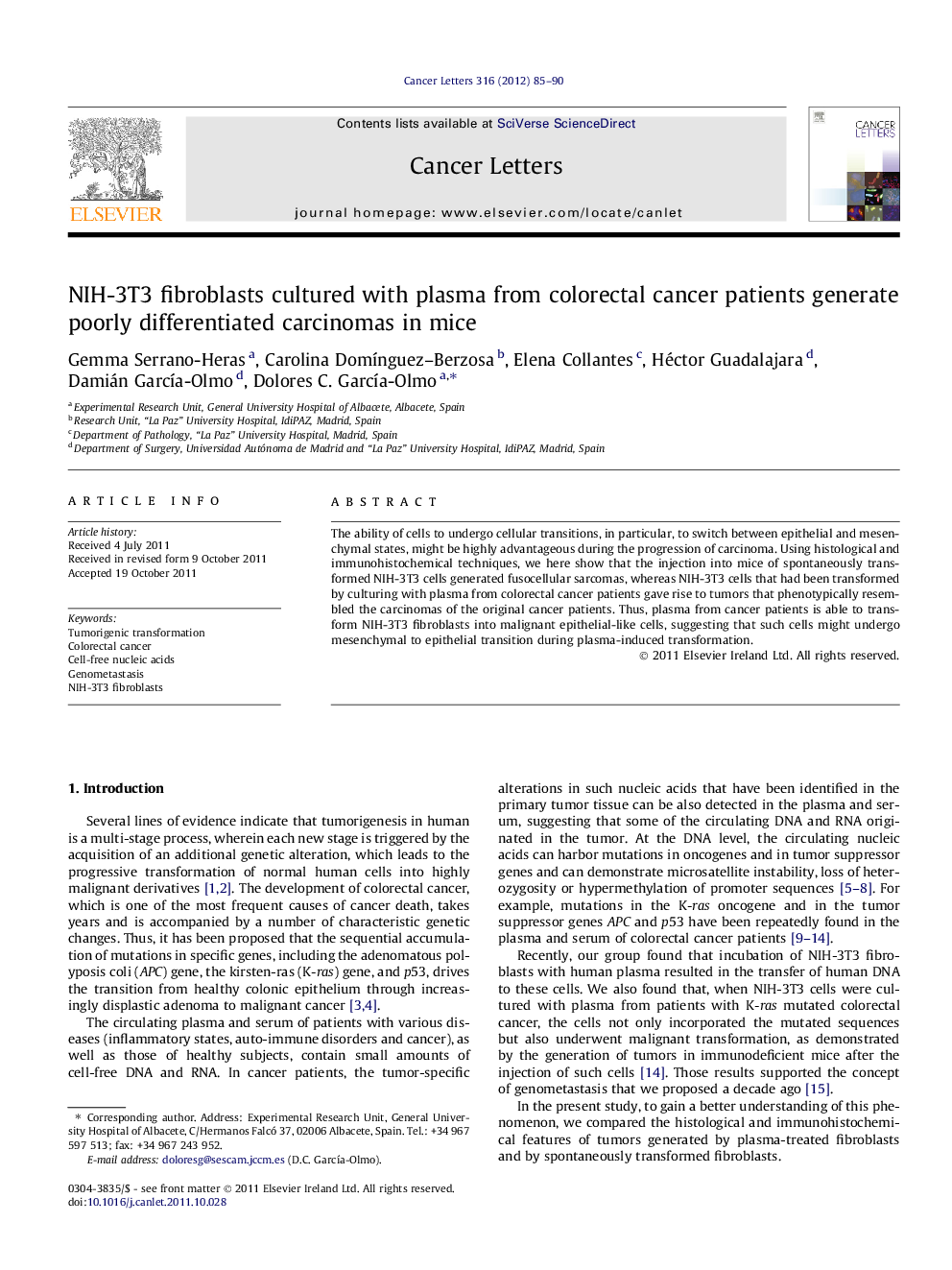 NIH-3T3 fibroblasts cultured with plasma from colorectal cancer patients generate poorly differentiated carcinomas in mice