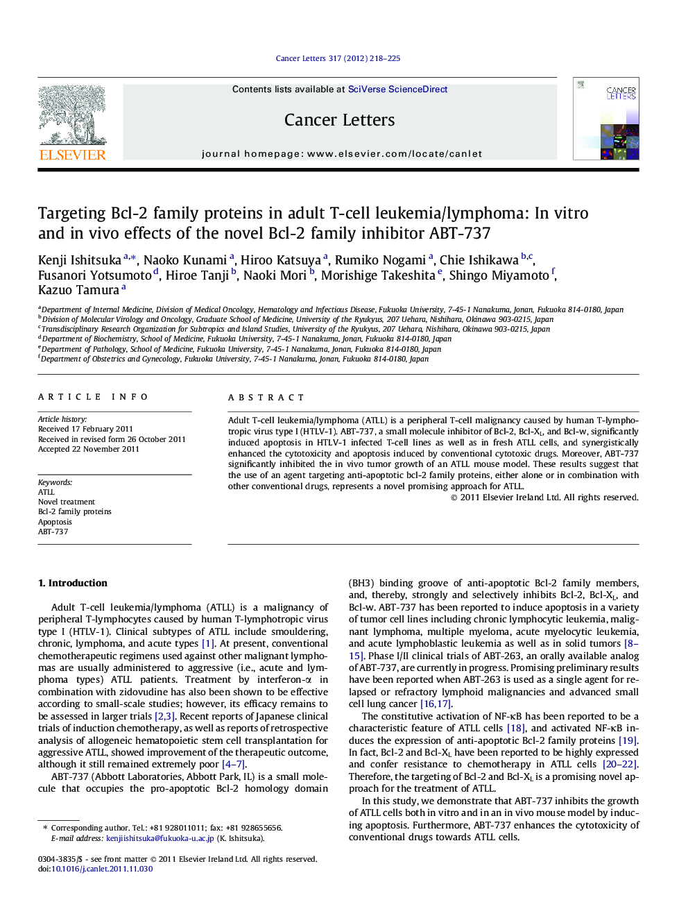 Targeting Bcl-2 family proteins in adult T-cell leukemia/lymphoma: In vitro and in vivo effects of the novel Bcl-2 family inhibitor ABT-737