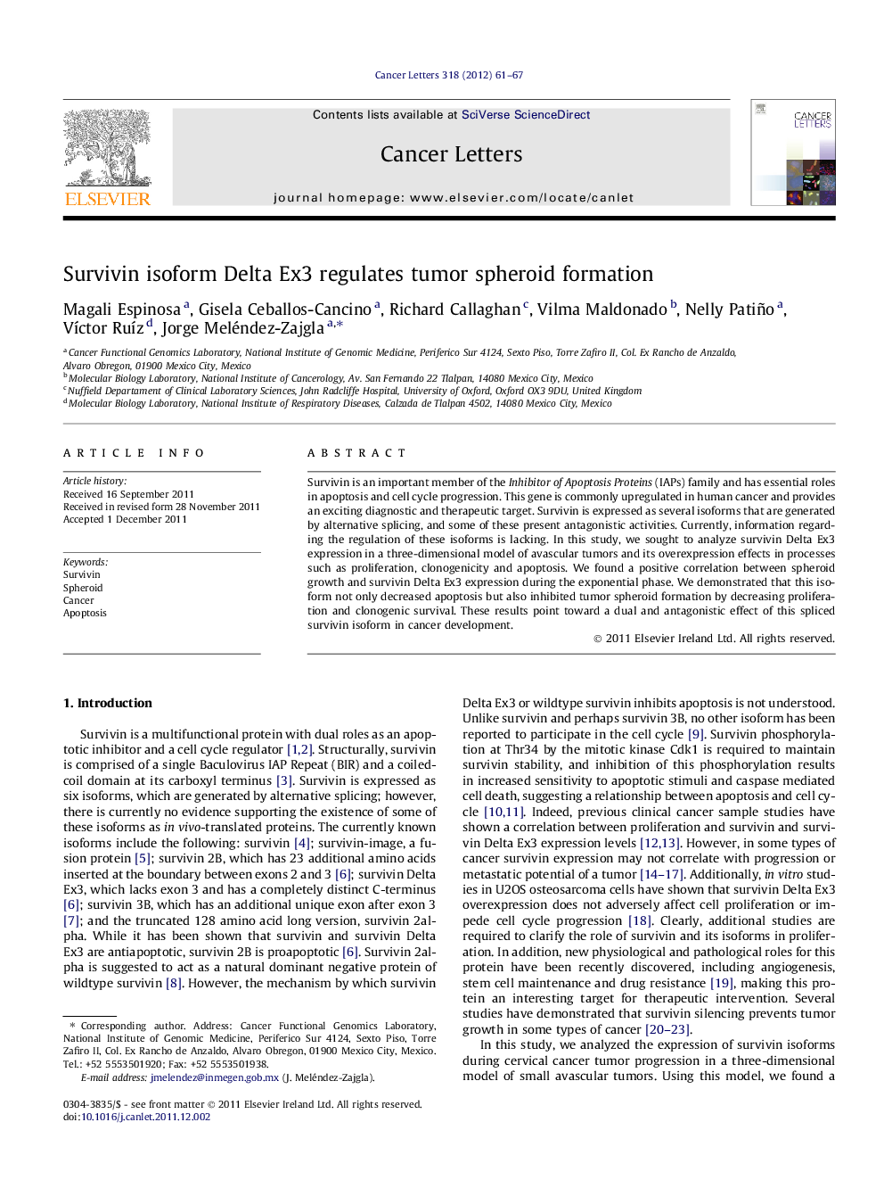 Survivin isoform Delta Ex3 regulates tumor spheroid formation