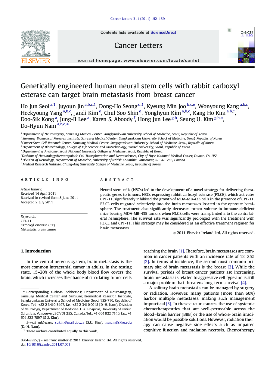 Genetically engineered human neural stem cells with rabbit carboxyl esterase can target brain metastasis from breast cancer