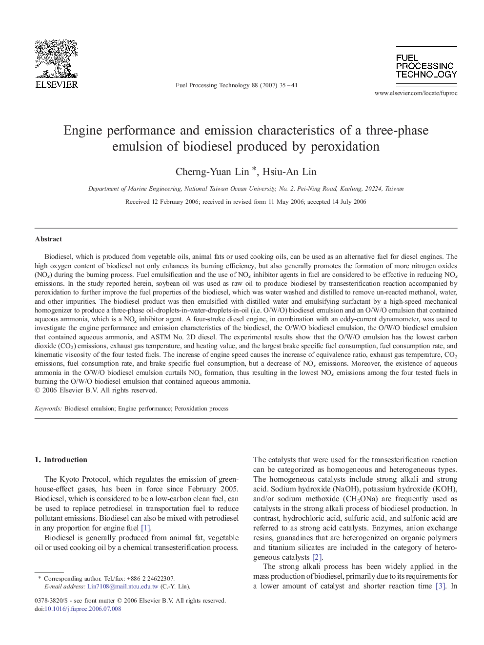 Engine performance and emission characteristics of a three-phase emulsion of biodiesel produced by peroxidation