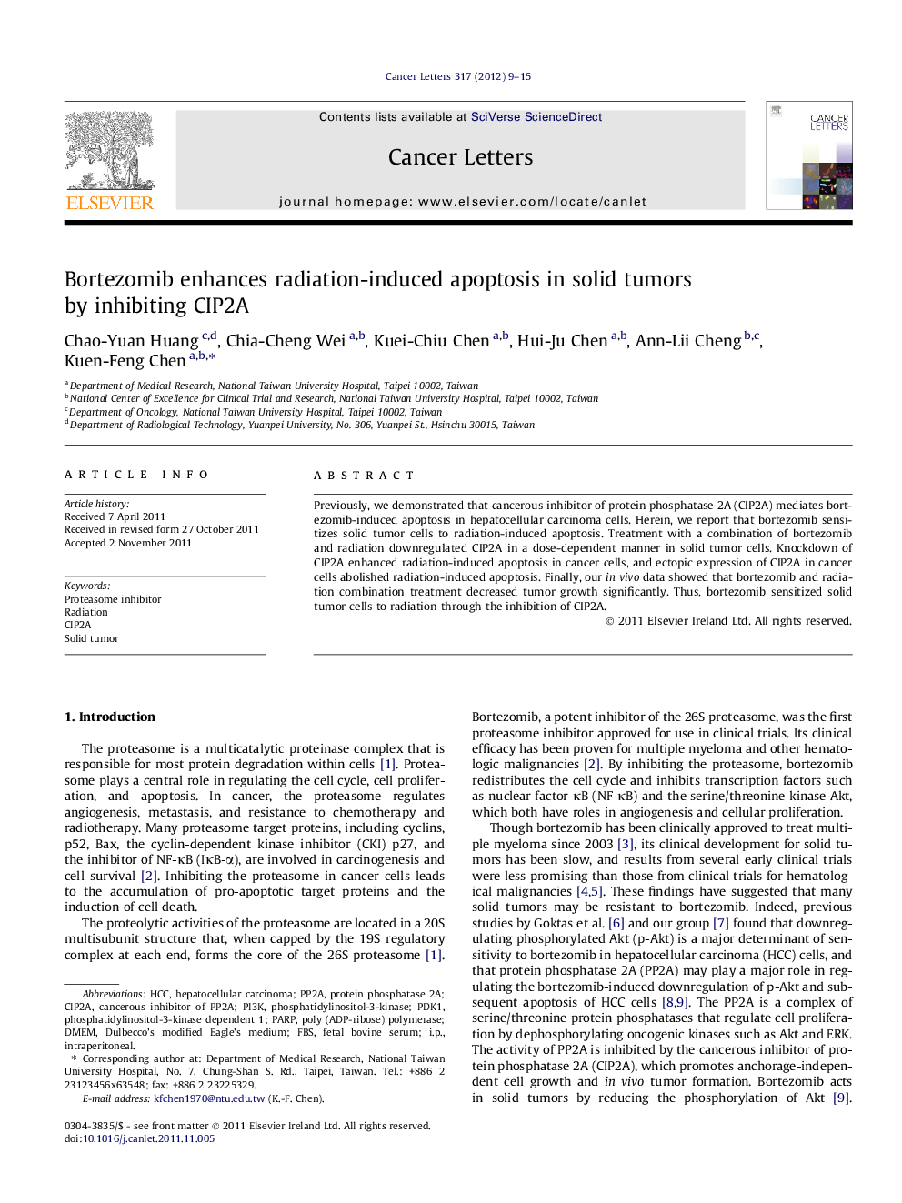 Bortezomib enhances radiation-induced apoptosis in solid tumors by inhibiting CIP2A