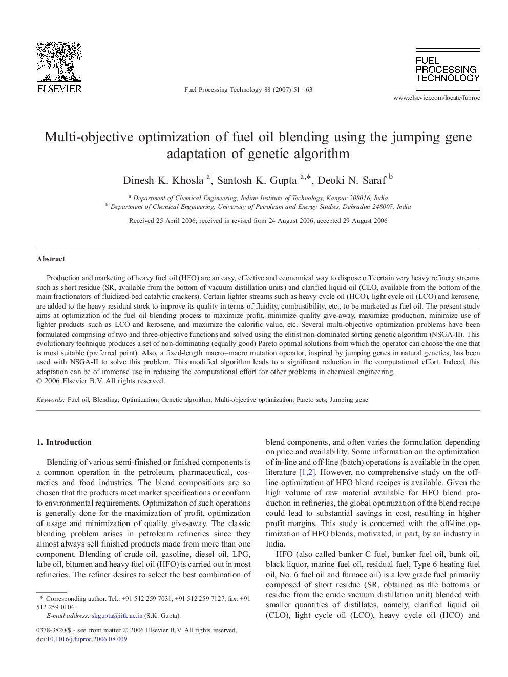 Multi-objective optimization of fuel oil blending using the jumping gene adaptation of genetic algorithm