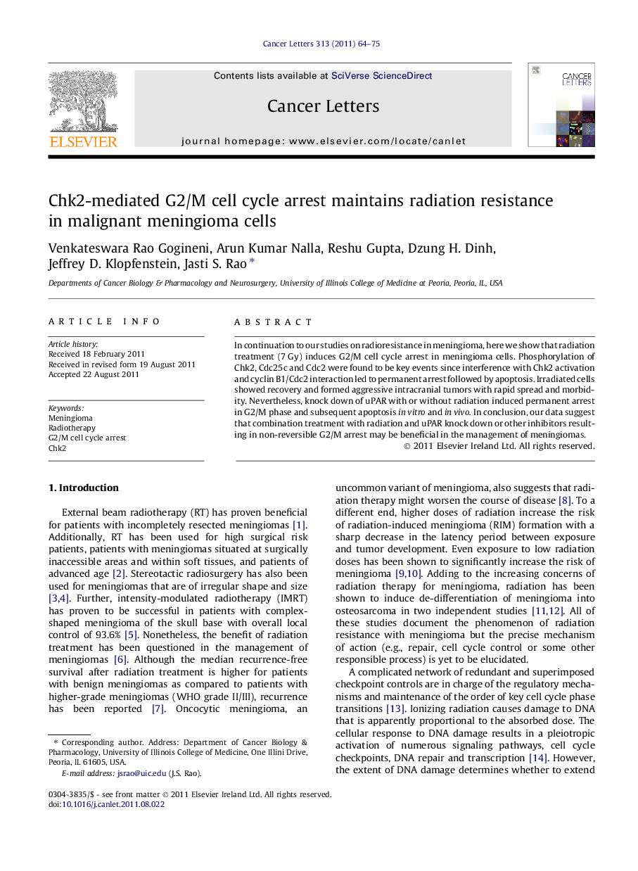 Chk2-mediated G2/M cell cycle arrest maintains radiation resistance in malignant meningioma cells