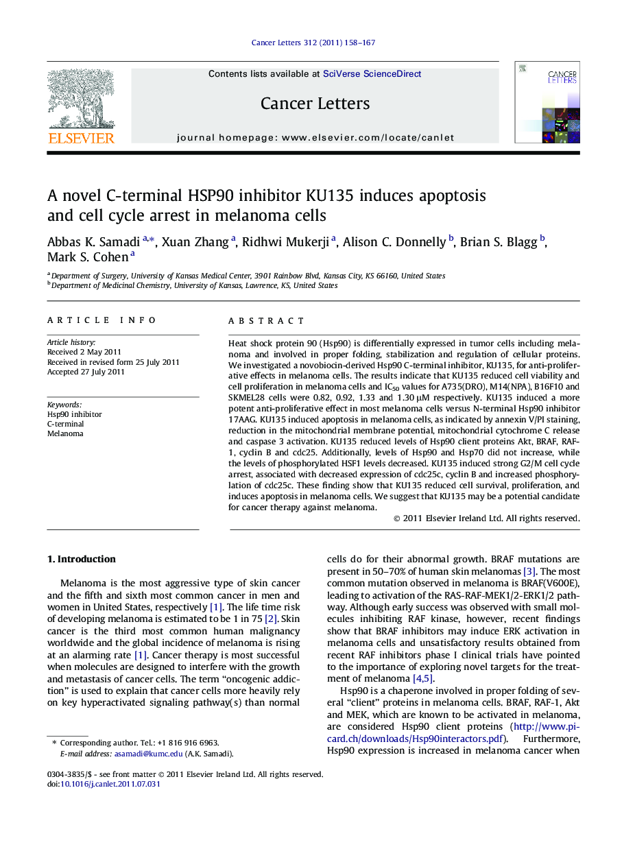 A novel C-terminal HSP90 inhibitor KU135 induces apoptosis and cell cycle arrest in melanoma cells