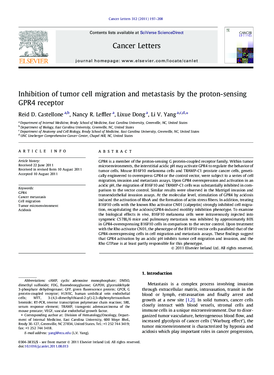 Inhibition of tumor cell migration and metastasis by the proton-sensing GPR4 receptor